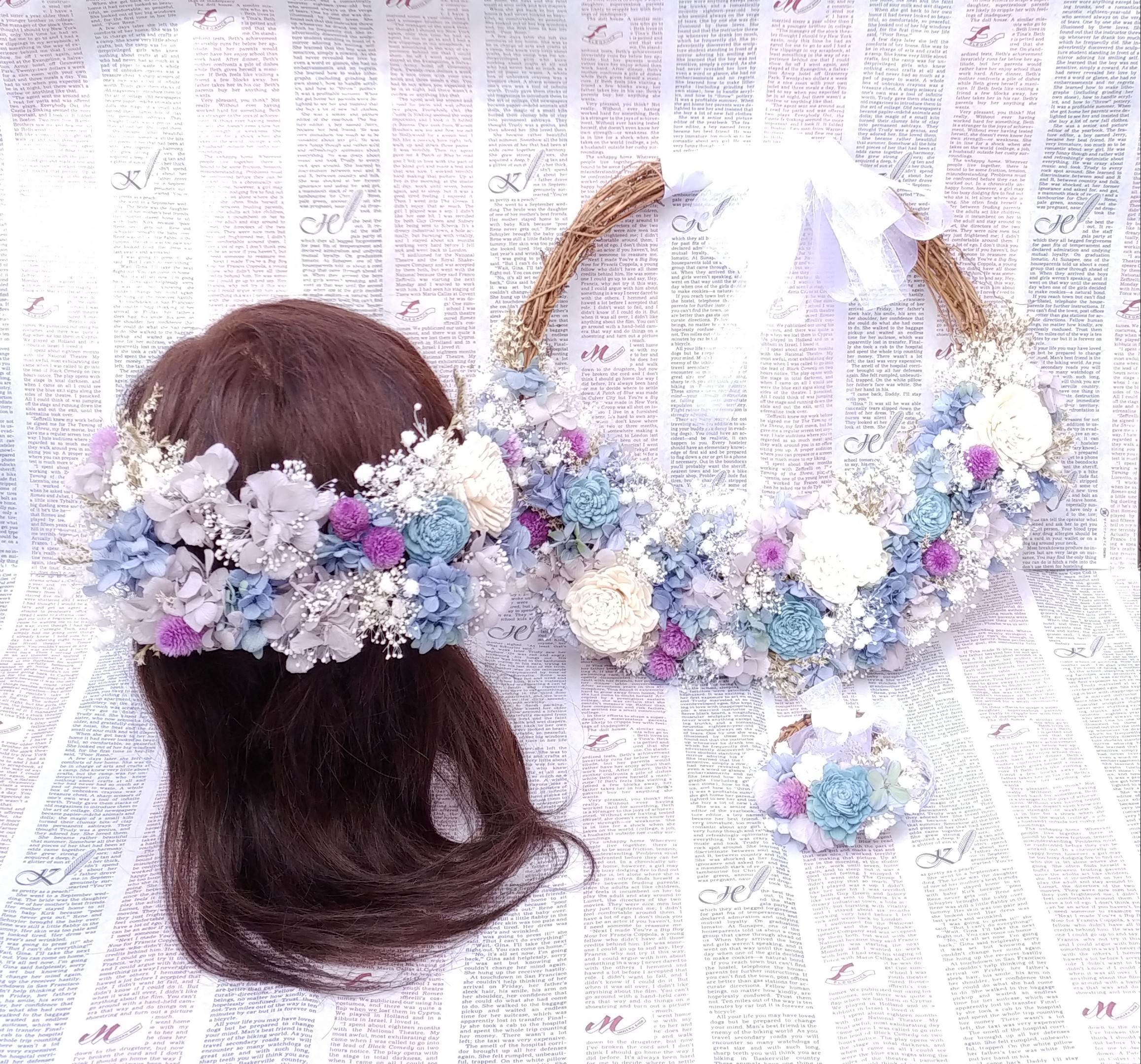 カラーオーダーＯＫ！ナチュラルリースブーケ(ハーフ)・ヘッドドレス・リースブートニア＊プリザーブドフラワー