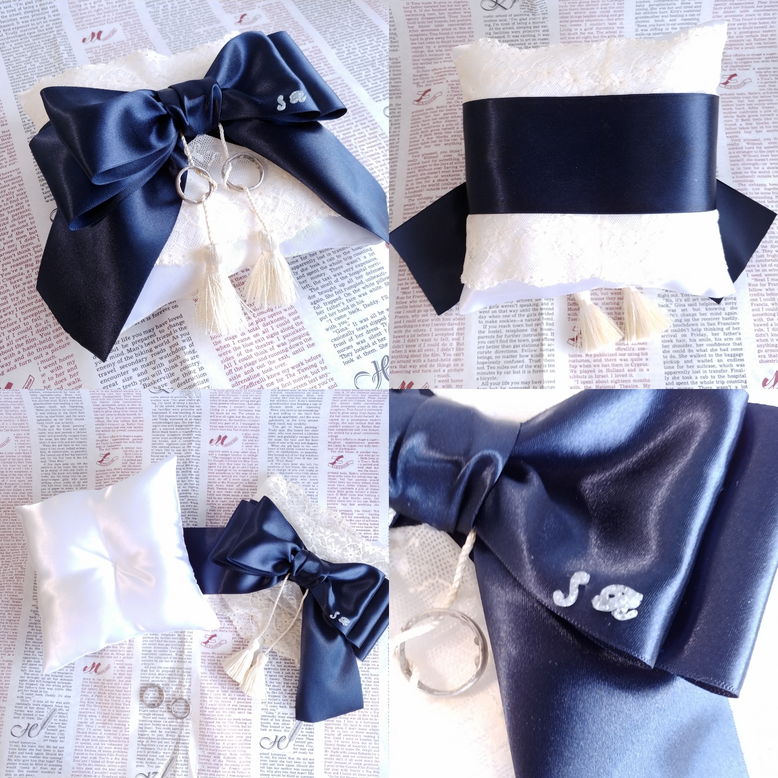 イニシャル付き＊ネイビーのダブリボンとアンティークレースのリングピロー＊取り外し式でベビーファーストピローにも