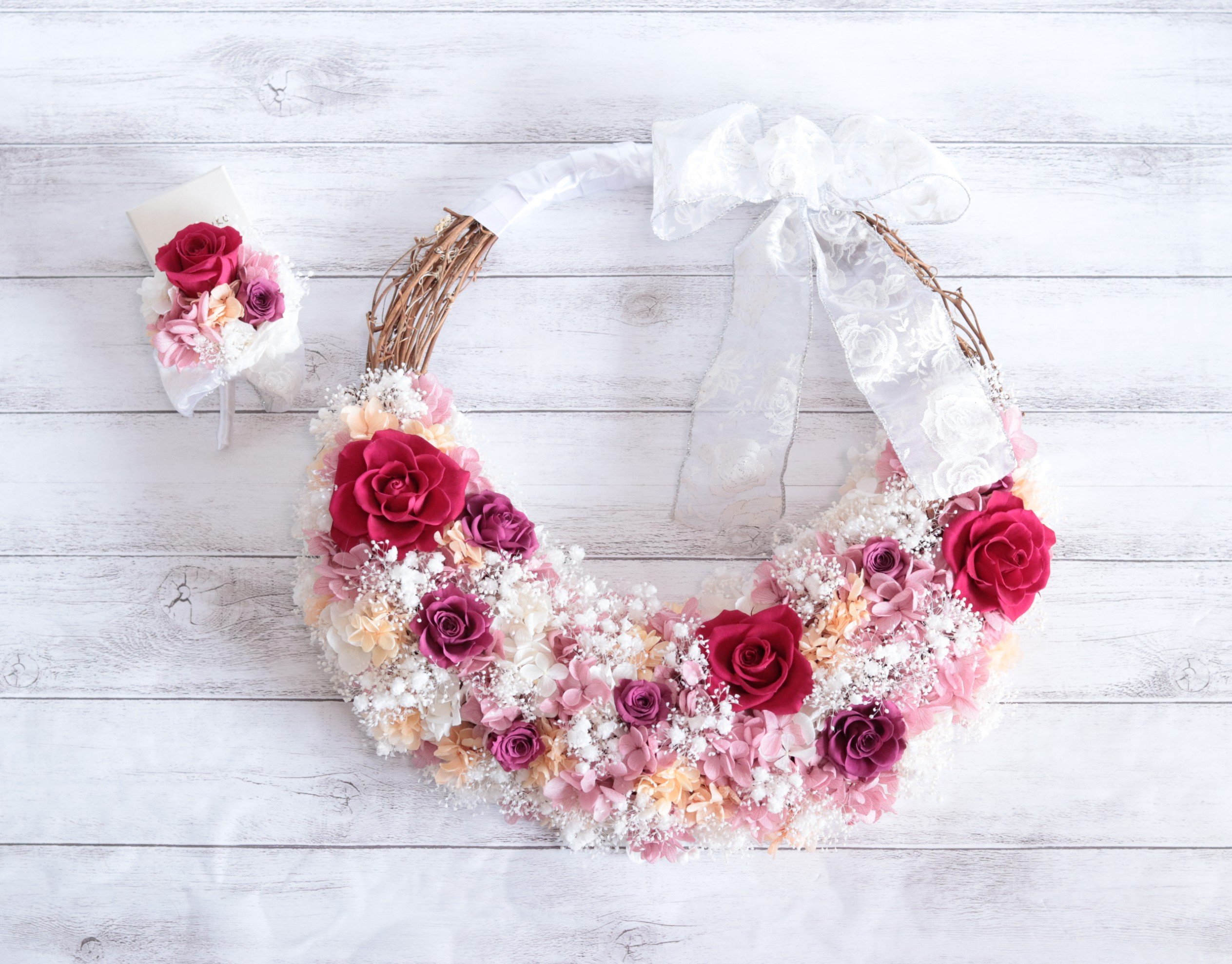 バラ+アジサイ&カスミソウのナチュラルリースブーケ単品＊カラーオーダーＯＫ＊プリザーブドフラワー