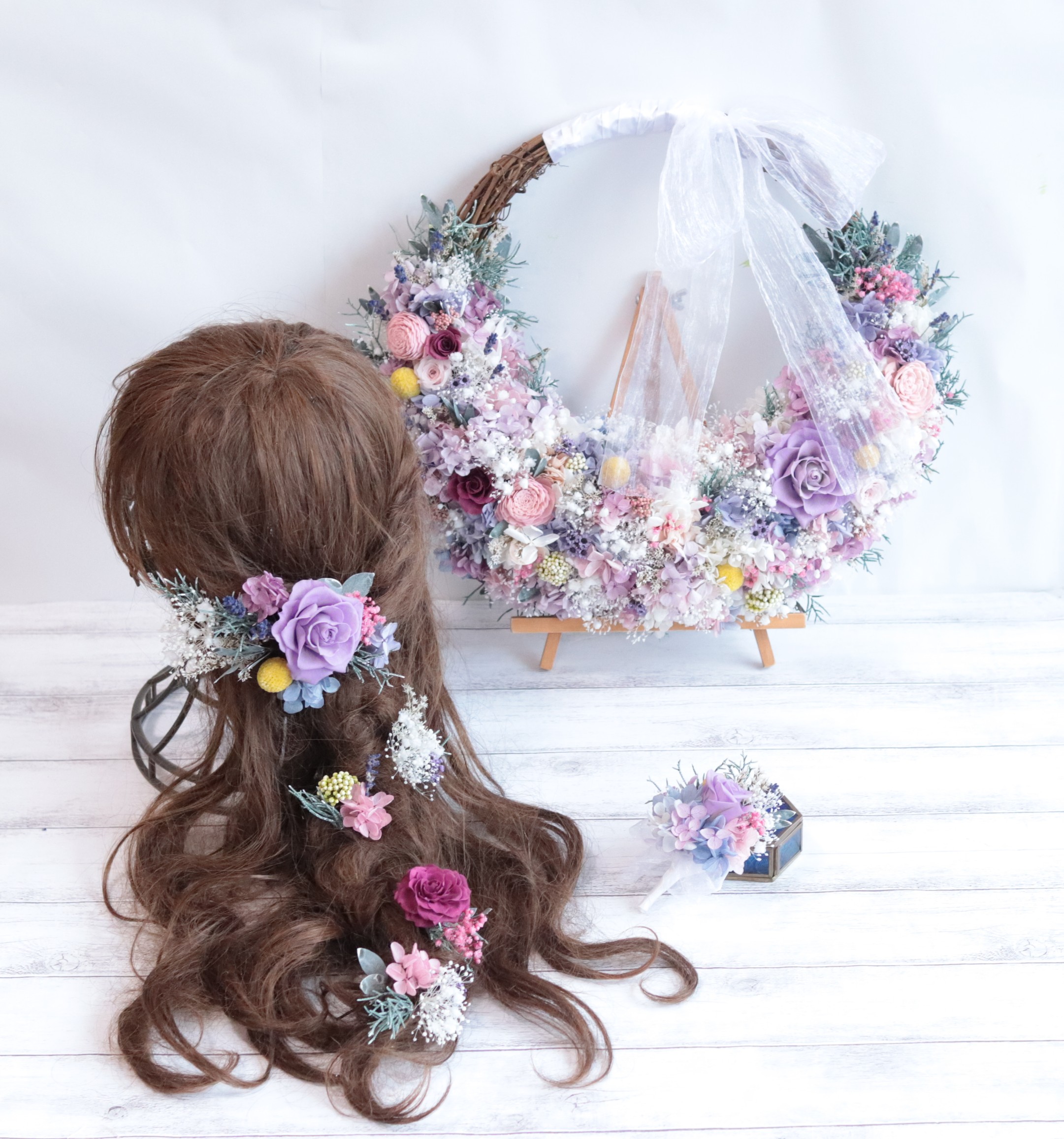 バラのナチュラルリースブーケ&ブートニア&ヘッドドレス＊ラプンツェル＊プリザーブドフラワー＊カラーオーダー制
