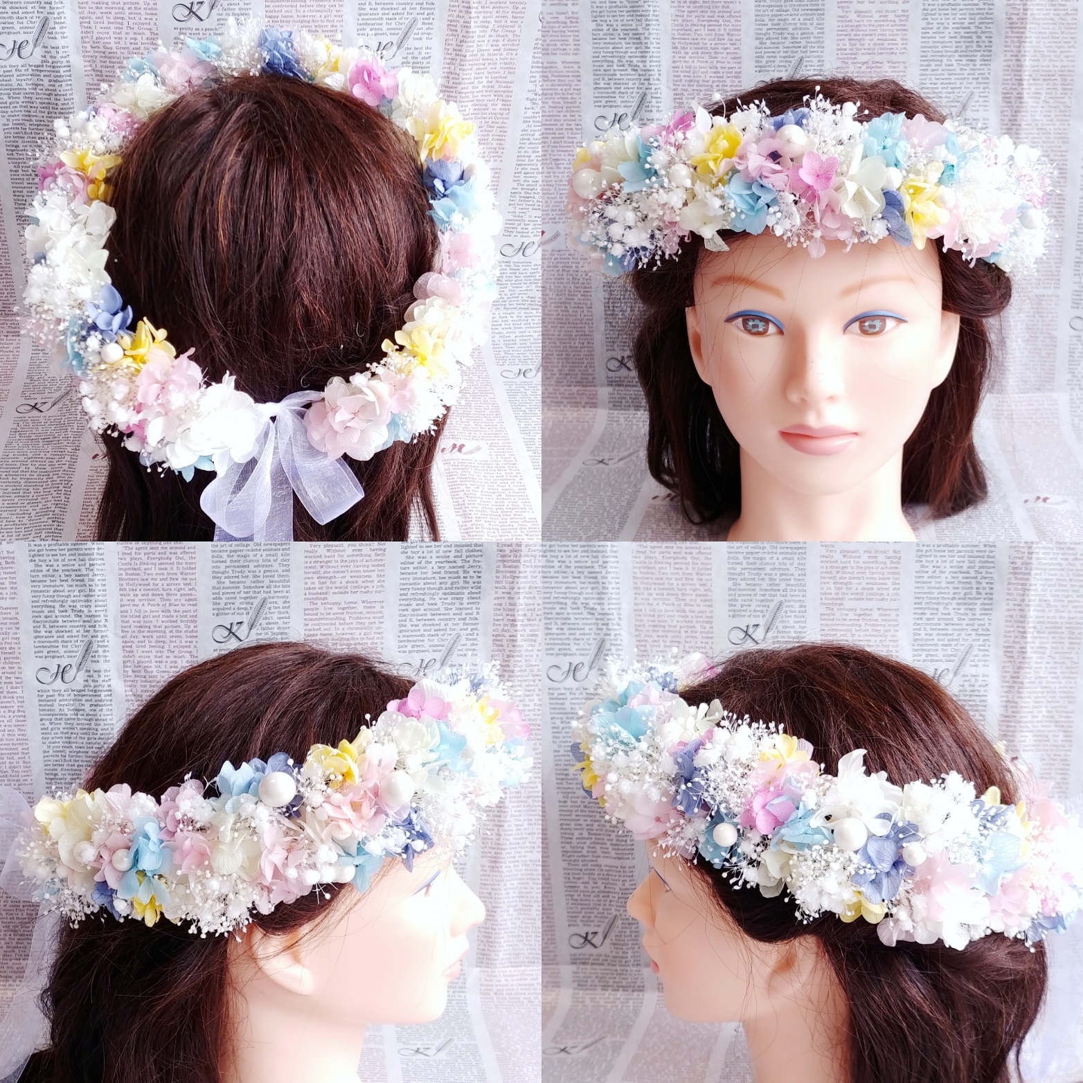 パールを散りばめて、ふわっふわのアジサイ花冠～レインボー～＊プリザープドフラワー＊お祝いギフトにも＊カラーオーダーＯＫ