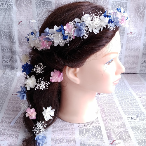 華奢な花冠&小花のヘッドドレス～霞みそうとアジサイ＊2点セット 