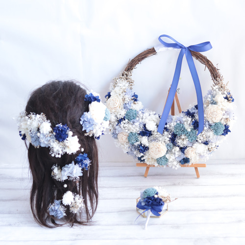 深海のナチュラルリースブーケ・ヘッドドレス・ブートニア3点セット  