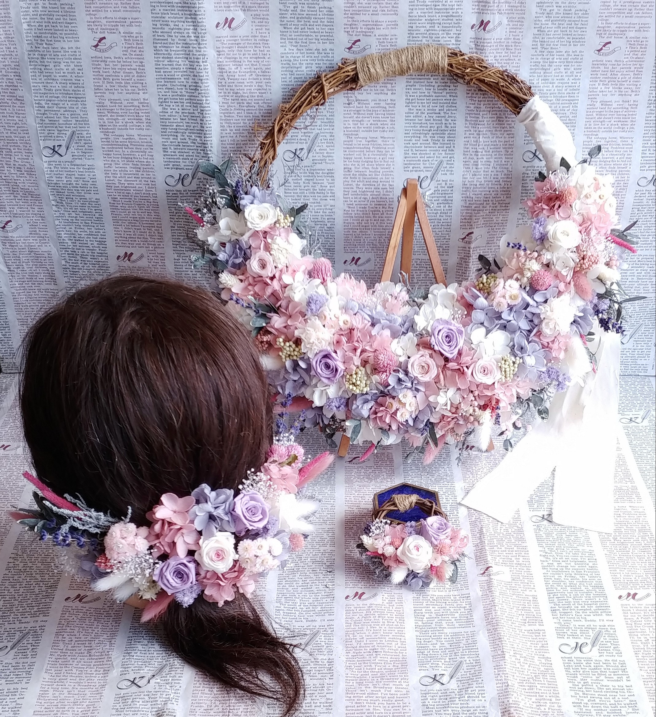 ナチュラルピンクのリースブーケ＊ブートニア&ヘッドドレス＊プリザーブド&ドライフラワー 25,830円