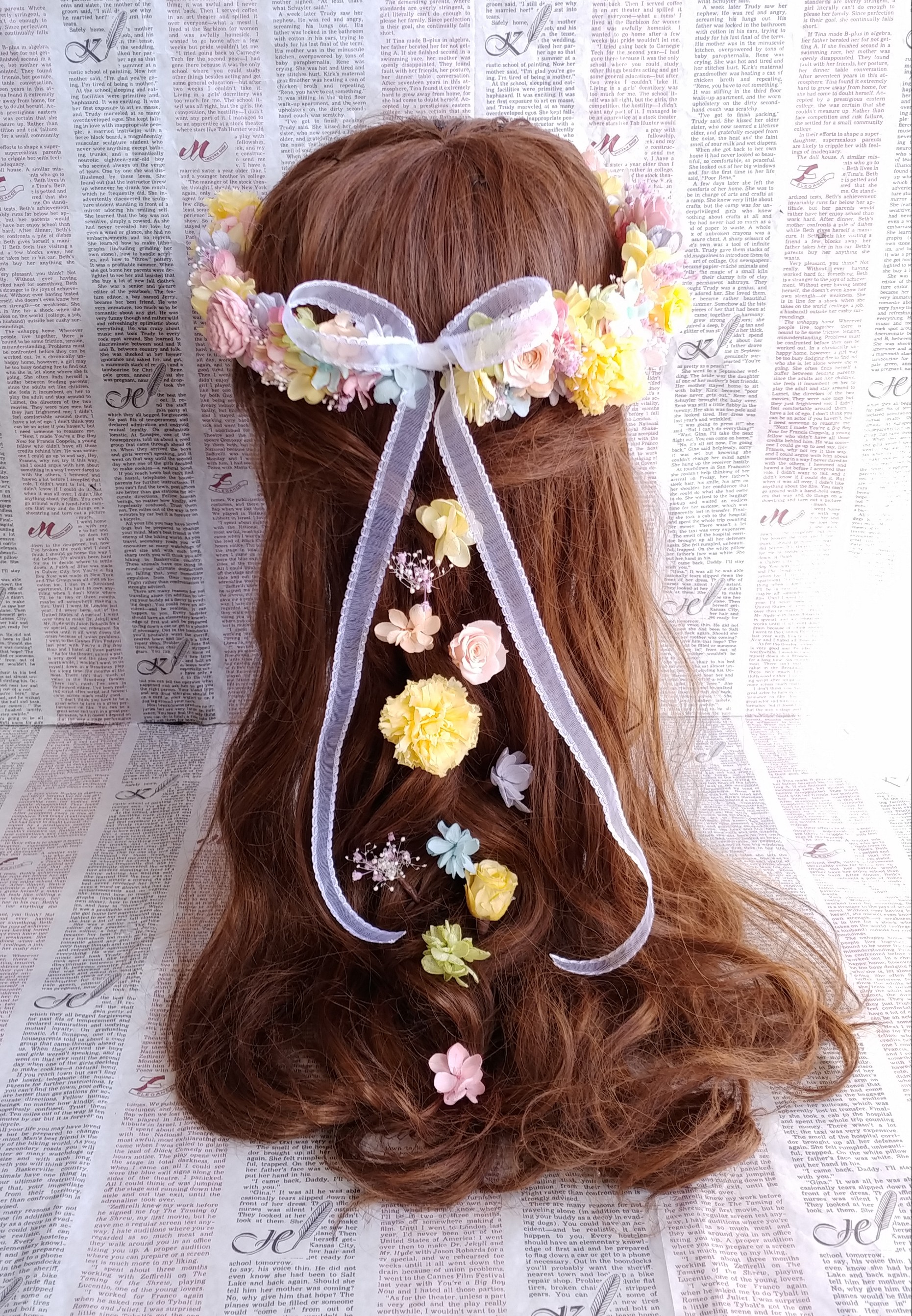 カラーオーダー制＊レインボーカラーのナチュラル花冠（リボン付）＊フラワーピース付＊プリザーブドフラワー