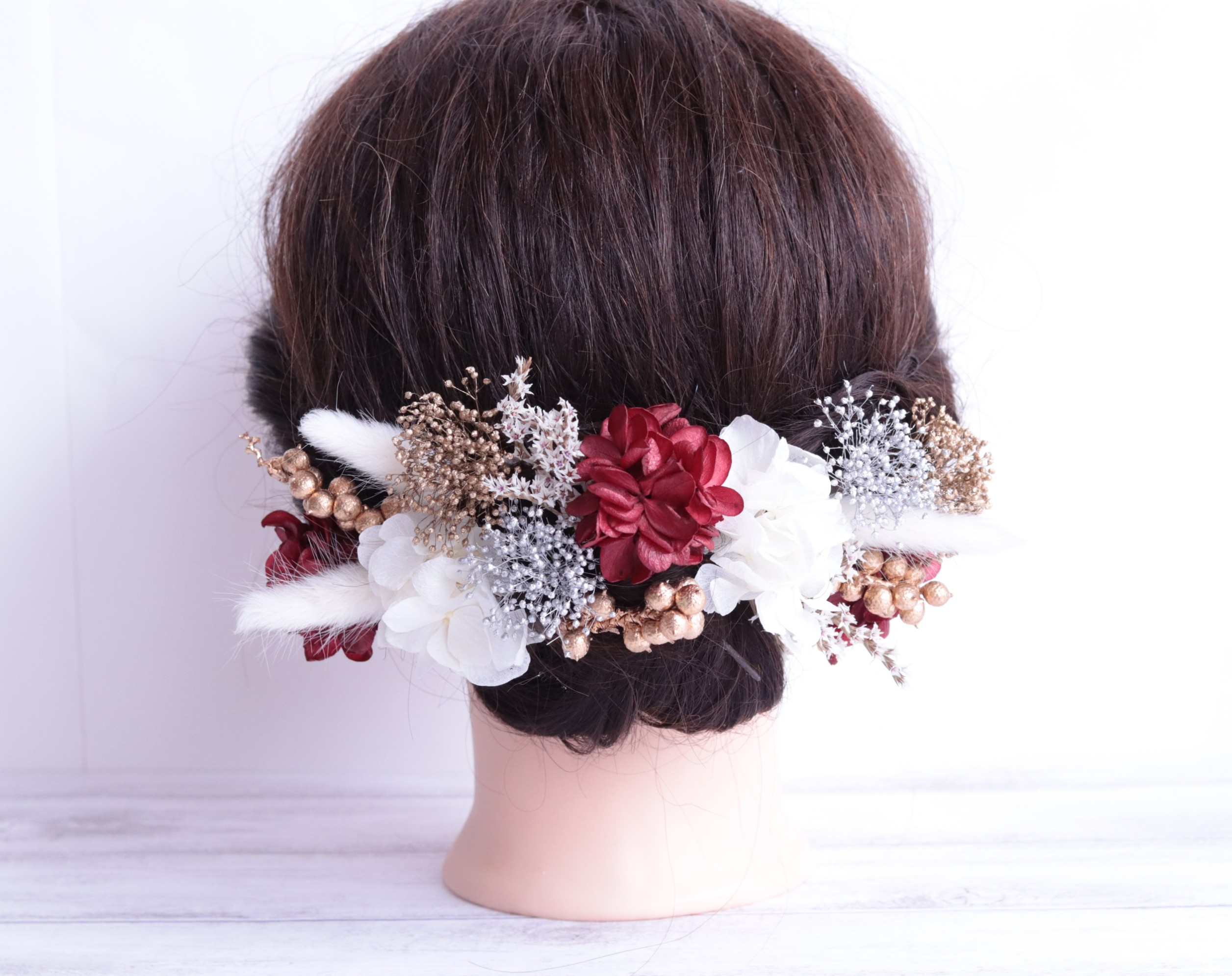 ボルドー&ゴールド&シルバーのヘッドドレス（カネラ付）＊プリザーブドフラワー＊和装にも◎
