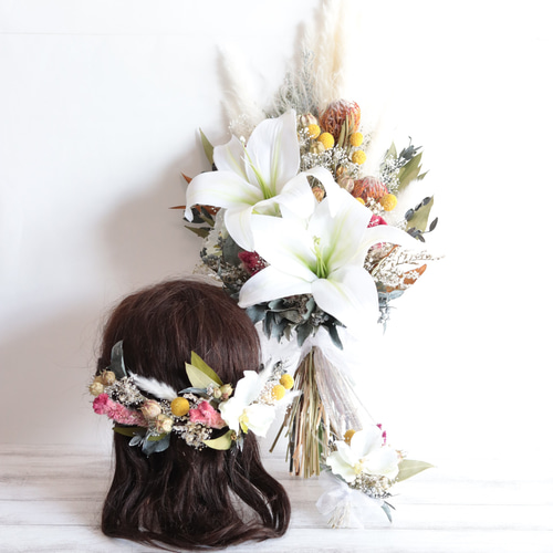 NO.49 ボタニカルのブーケ&ブートニア&ヘッドドレスのセット