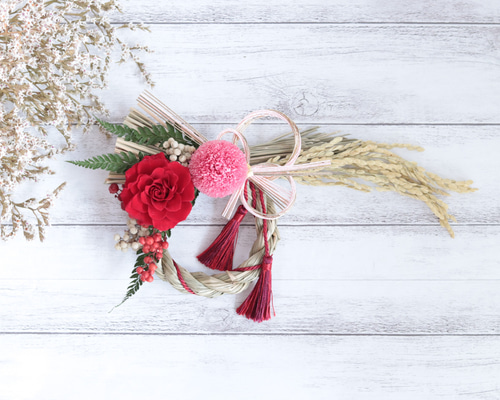 稲穂付お正月飾り＊ピンクマム×バラしめ飾り＊完成品＊プリザーブド