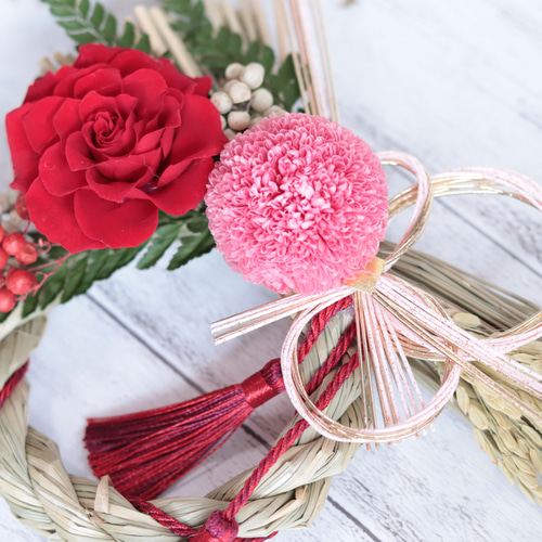 稲穂付お正月飾り＊ピンクマム×バラしめ飾り＊完成品＊プリザーブド