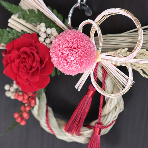 稲穂付お正月飾り＊ピンクマム×バラしめ飾り＊完成品＊プリザーブド