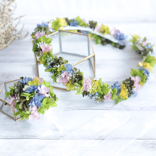 グリーンの華奢な花冠＊カラーオーダー＊ラプンツェル小花・リスト  