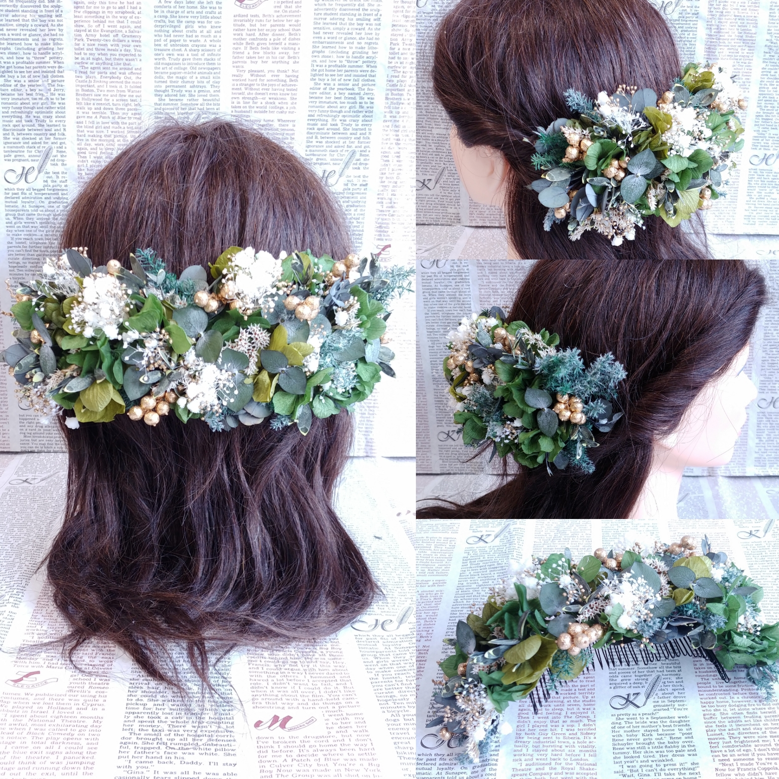 ナチュラルグリーン&ゴールドのヘッドドレス～ボリュームup～コームタイプ＊プリザーブドフラワー