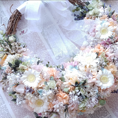 パステルカラー プリザーブドフラワーリース/ヘッドドレス/ピンの3点セット