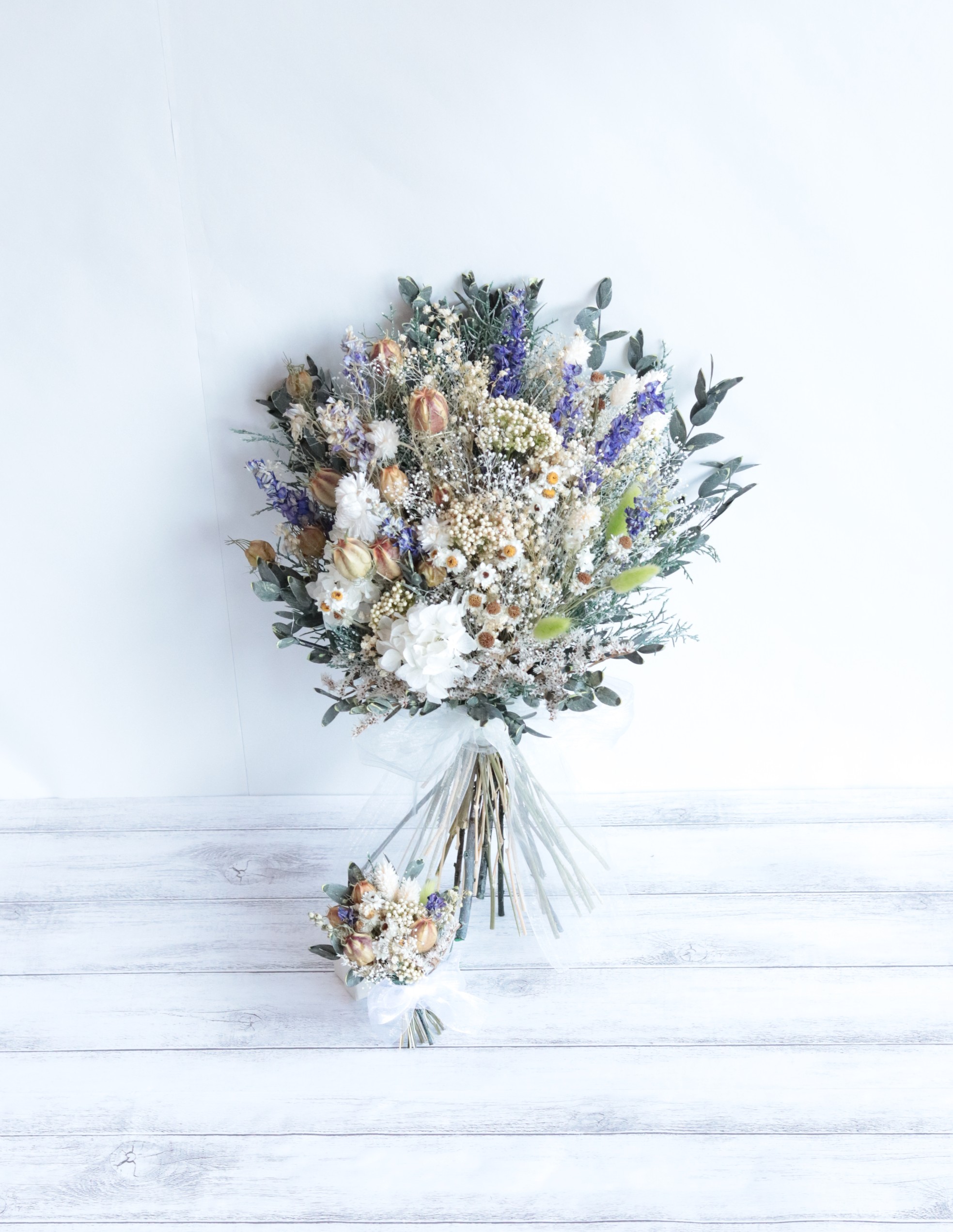 風船ポピーとデルフィニウムのクラッチブーケ(30㎝)&ブートニア＊2点セット＊プリザーブドフラワー&ドライフラワー