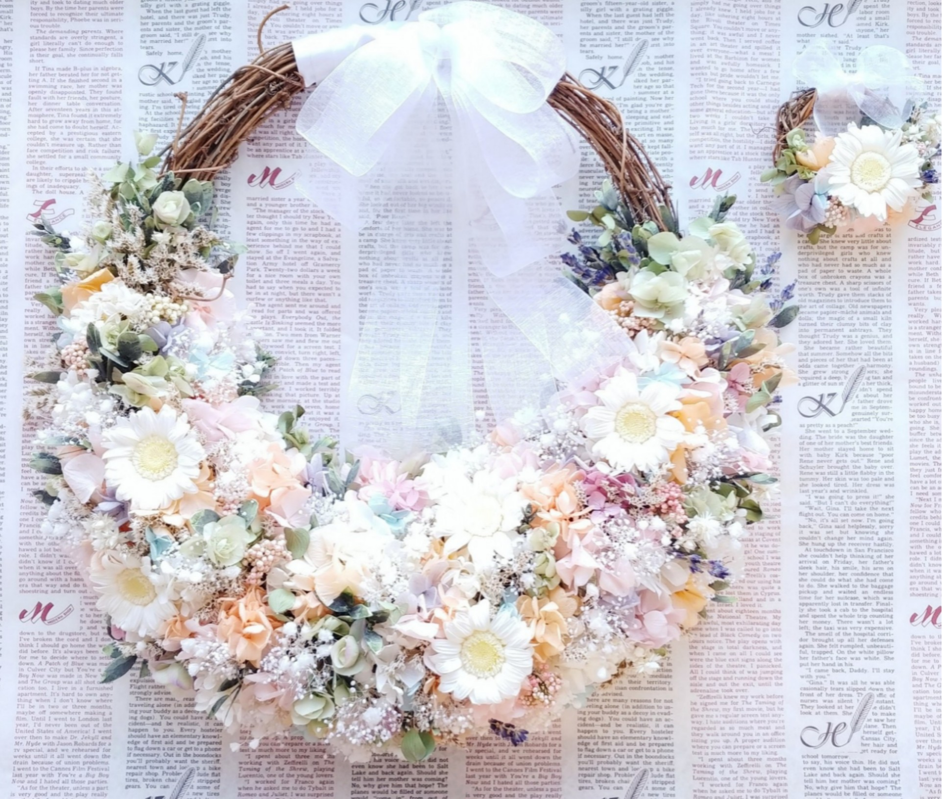 ミニガーベラのナチュラルリースブーケ＊プリザーブドフラワー・ドライフラワー・パステルカラー