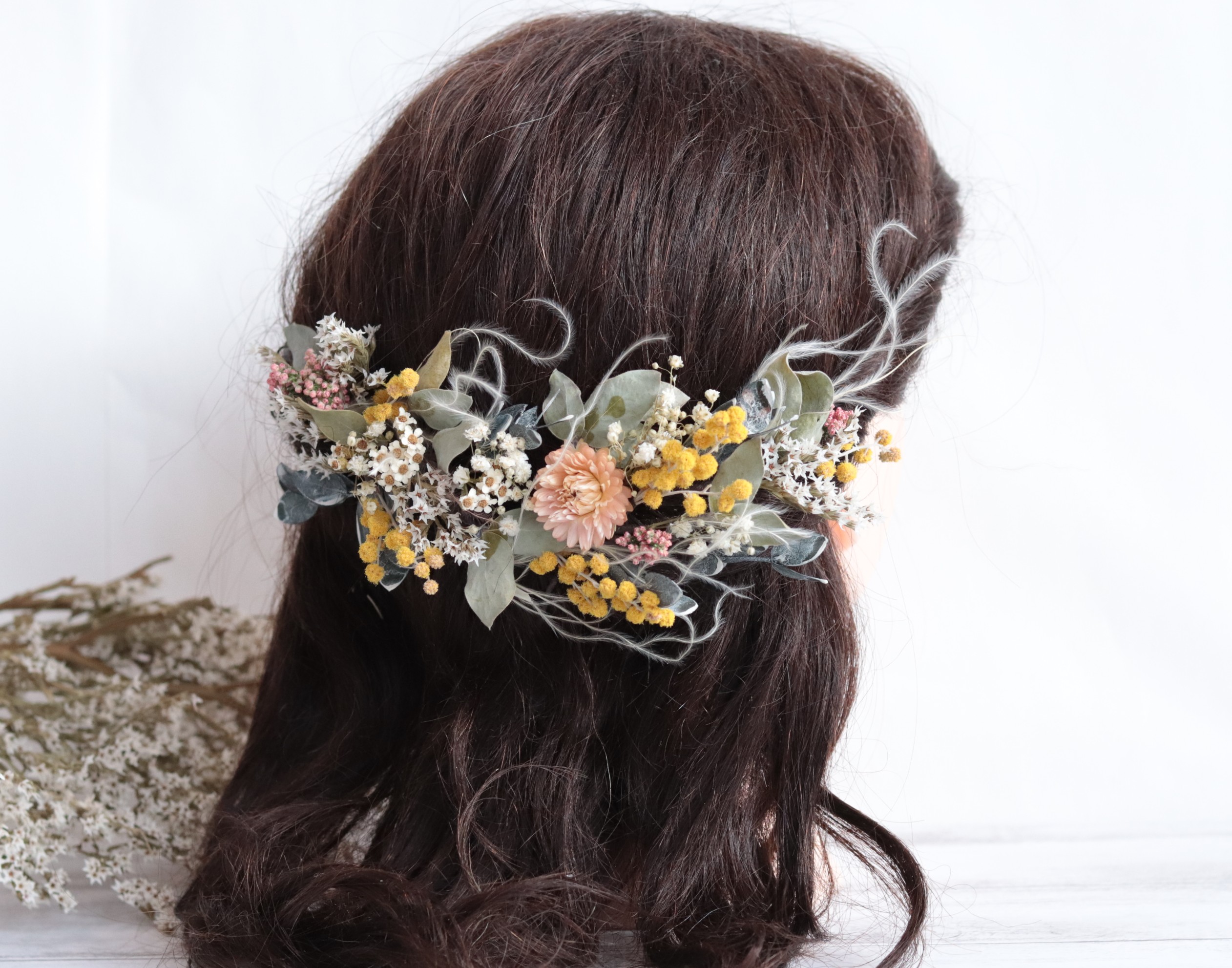 ミモザとナチュラルフラワーのヘッドドレス＊プリザーブドフラワー
