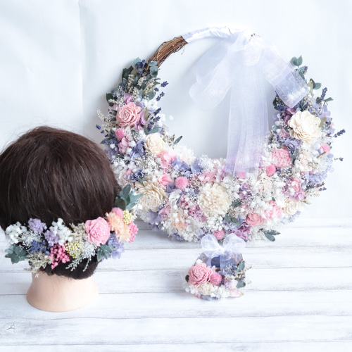 パステルカラー プリザーブドフラワーリース/ヘッドドレス/ピンの3点セット