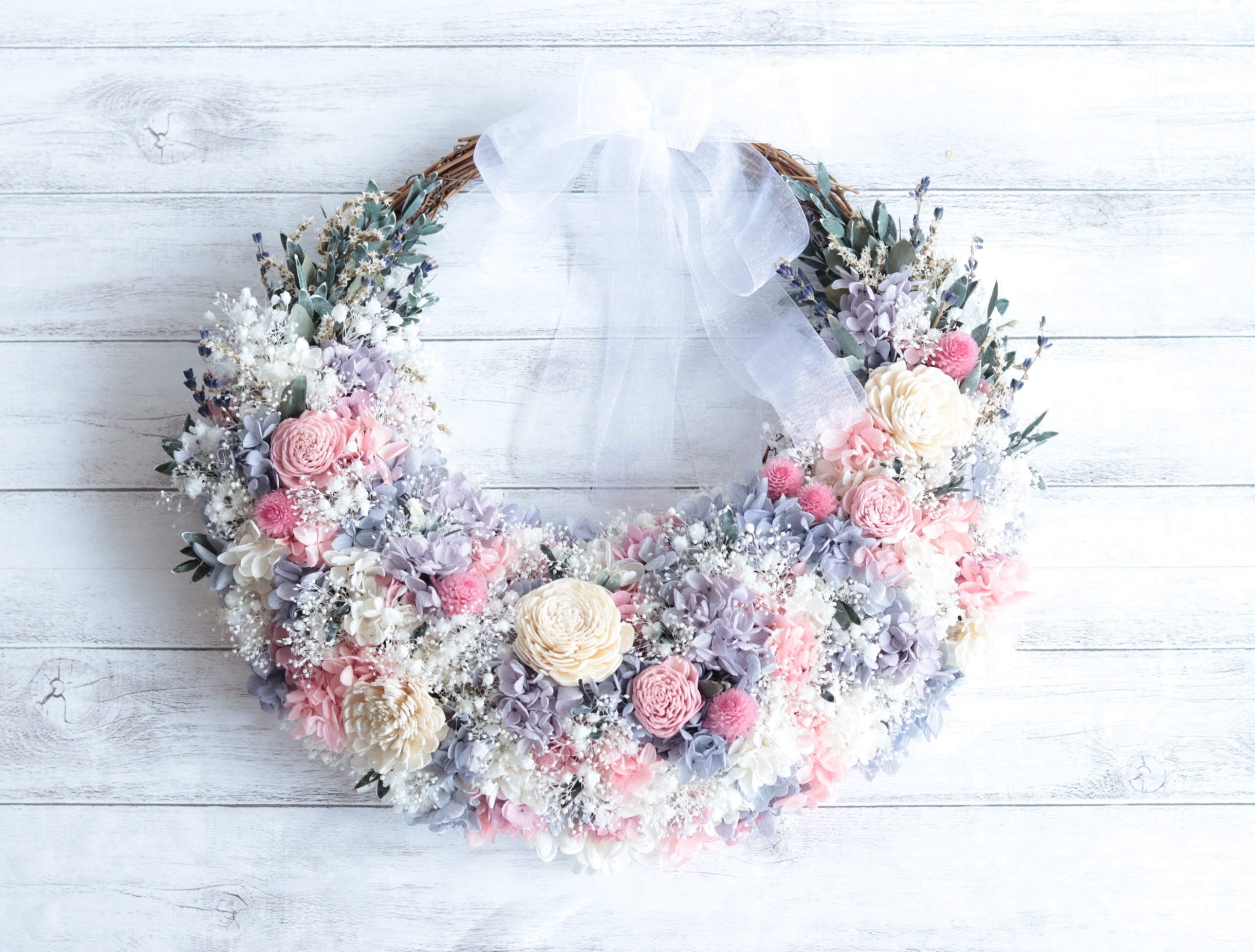 【カラーオーダーＯＫ】ピンクラベンダーのナチュラルリースブーケ&ブートニア＊プリザーブドフラワー