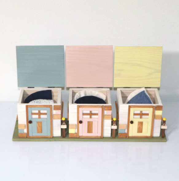 マスクケース　3件並んだかわいいお家（ピスタチオ＆ピンク＆イエロー） 6枚目の画像