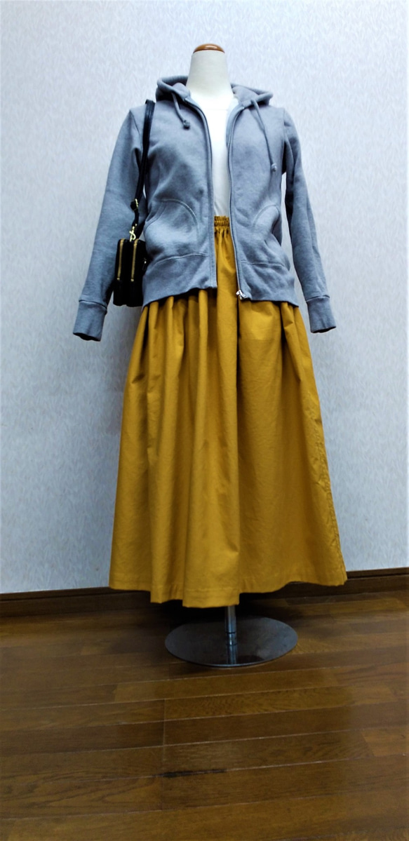 送料無料　２４時間以内発送　日本製　コットンリネン　綿　麻　ギャザーロングスカート　マスタード 2枚目の画像