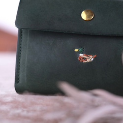 小さな財布 カモの刺繍 グリーン 2枚目の画像