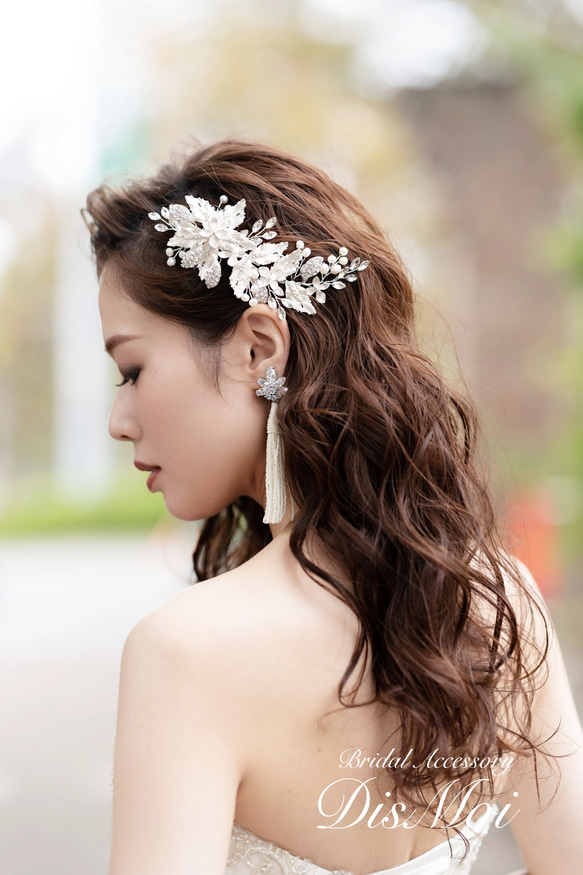 ヘッドドレス 結婚式　花嫁 ヘアアクセサリー ヘッドアクセサリー ウェディング ブライダル　フラワー　リーフ　小枝 3枚目の画像