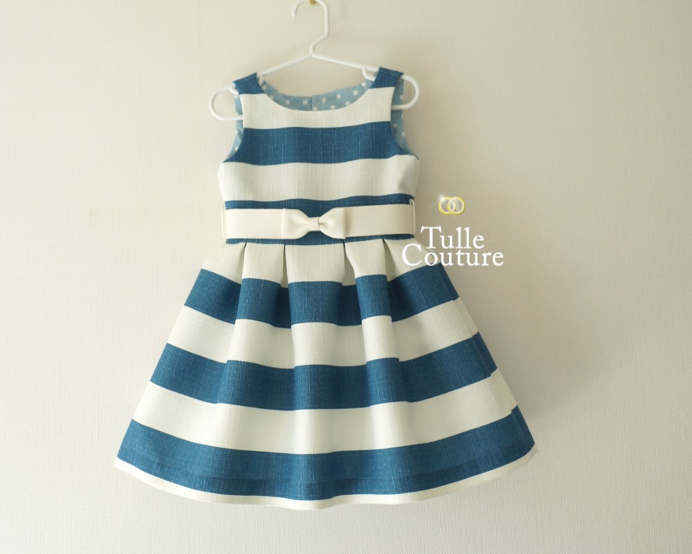 【Kids ワンピース】マリンブルーのワイドボーダー　 70、80、90、100、110、120cm