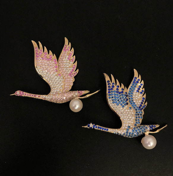 [再販] ブローチ　桜鶴の舞　真珠付き　「無料配送」 3枚目の画像