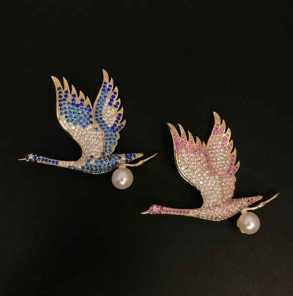 [再販] ブローチ　桜鶴の舞　真珠付き　「無料配送」 4枚目の画像