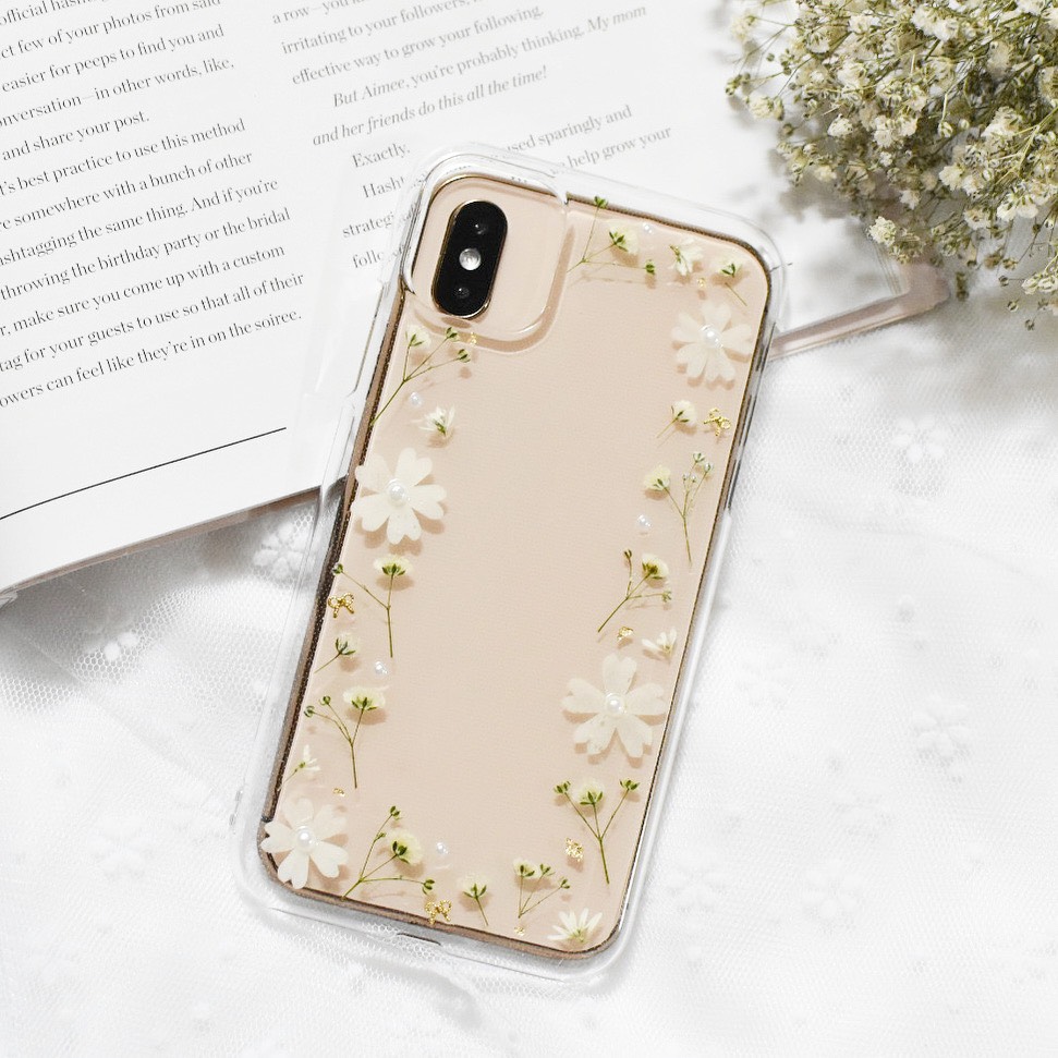 White×green かすみ草 押し花 iPhoneケース Android 全機種対応