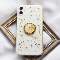❁再販❁ スマホリング付き かすみ草の押し花×パール iPhone