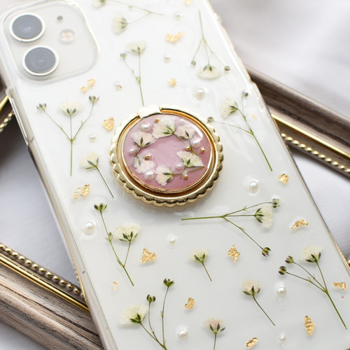 ❁再販❁ スマホリング付き かすみ草の押し花×パール iPhone