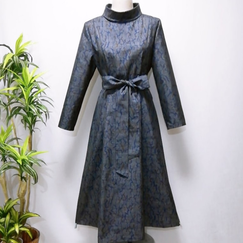 着物リメイク☆本場正絹大島紬☆ロールカラー☆Aラインワンピース192