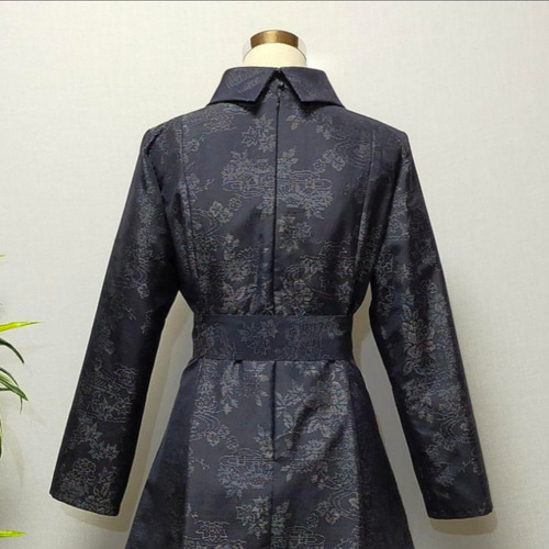 No220大島紬着物リメイク プリンセスライン　ロールカラーワンピ 着物リメイク ロールカラー ロングワンピース プリンセスライン