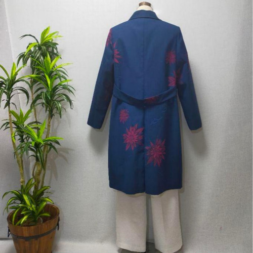 花柄刺繍 ロングコート 青着物リメイク