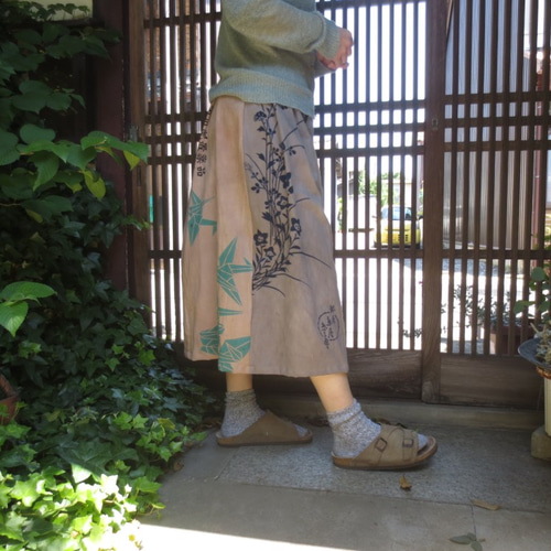 手ぬぐいスカート☆柿渋染め+鉄媒染で渋くて可愛いおとなスカート80 
