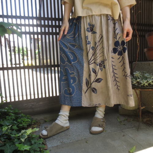 三春駒　手ぬぐい　古布リメイク　柿渋染め　布団皮　ギャザースカート　ハンドメイド 柿渋染め 開運鯰手ぬぐいと浴衣リメイク ギャザースカート