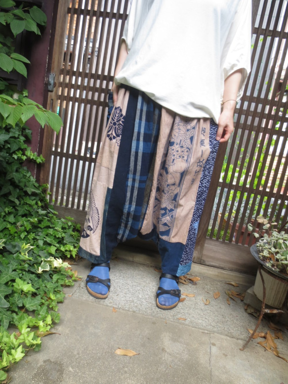 染め布古布リメイク☆楽しい手ぬぐいや格子布団がわ色々パッチサルエル