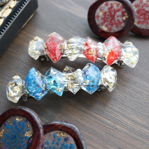 レジンヘアゴム 紫陽花葉脈クリアホワイト金箔大ぶり