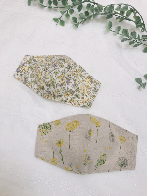 春のスッキリ小顔効果、息のしやすい立体マスク‼︎人気の北欧風のタンポポ菜の花柄、綺麗な黄色の花柄セット！ 3枚目の画像