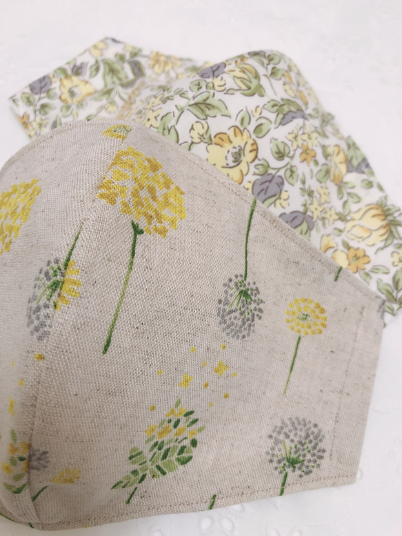 春のスッキリ小顔効果、息のしやすい立体マスク‼︎人気の北欧風のタンポポ菜の花柄、綺麗な黄色の花柄セット！ 4枚目の画像