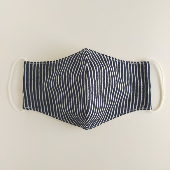 【デニム風ダブルガーゼ】ヒッコリーストライプ | ４サイズから選べる立体型布マスク 3枚目の画像