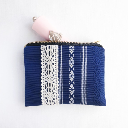 博多帯 リメイク ミニフラットポーチ 献上柄 絹100% 小物入れ  