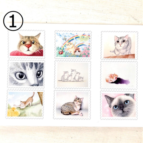 切手風シール【ねこ】3種セット アート 色鉛筆画 絵画 あさくら