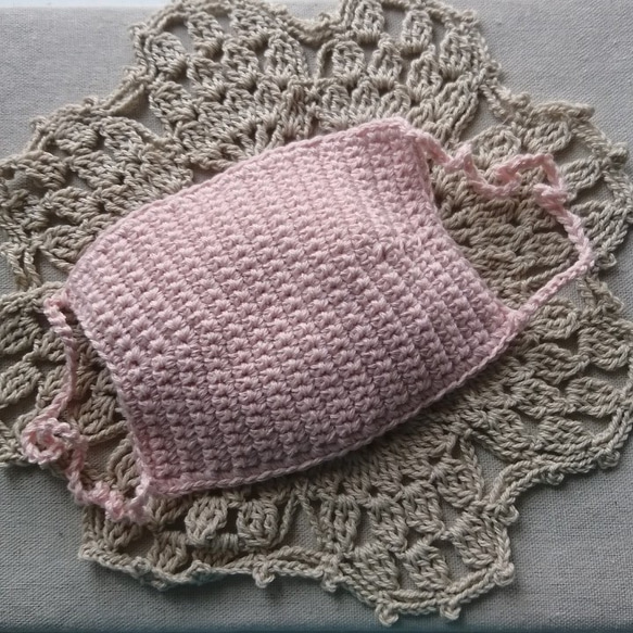 大人用 手編み 編み立体マスク 夏マスク UV加工コットンシルク糸使用 ピンク 受注生産 1枚目の画像