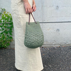 【かぎ針編み】巾着バッグ グリーン 2枚目の画像