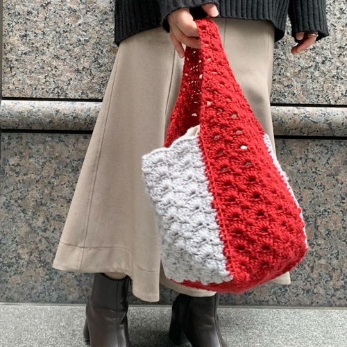かぎ針編み】ボックス型ニットバッグ グレー×レッド バイカラー