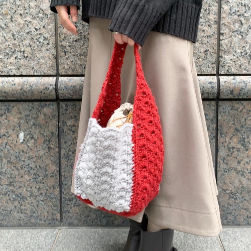 かぎ針編み】ボックス型ニットバッグ グレー×レッド バイカラー トート