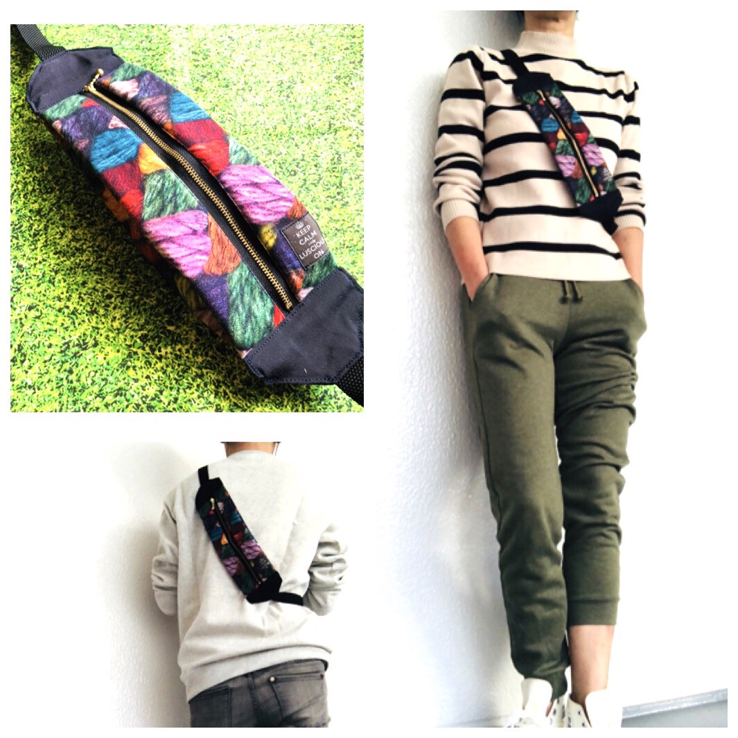 冬も超リアル❤手ぶらで楽して美スタイル！縦長ラインのスマートボディバッグ（超本物みたいな！だまし絵カラフルニット）M