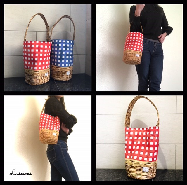 【新作】ま～るいフォルムの手描きチェック＆カゴバッグ（あお）